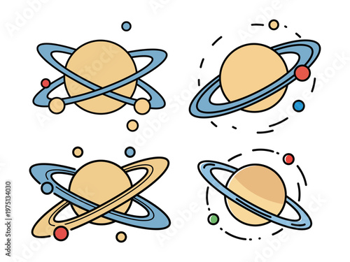 Planet with rings and small orbiting moons vector