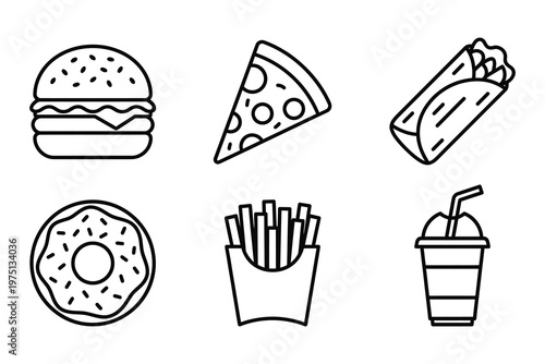 Fast food meal icons set featuring burger slice of pizza burrito donut french fries and drink restaurant takeaway illustration delicious