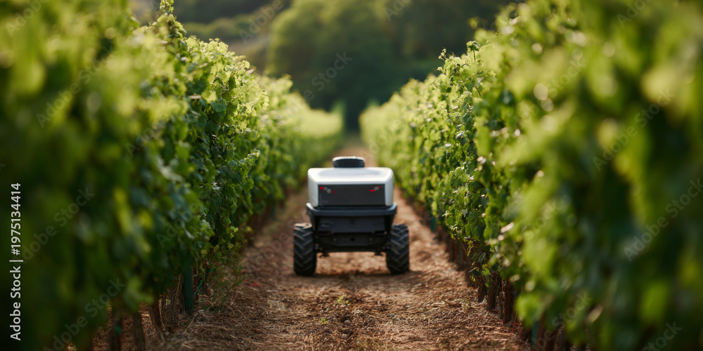 Naklejka premium Autonomous robot working in vineyard rows