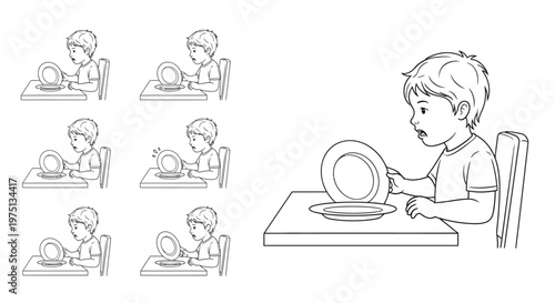 A series of line drawings depicting a boy's progression from eating to dropping a plate