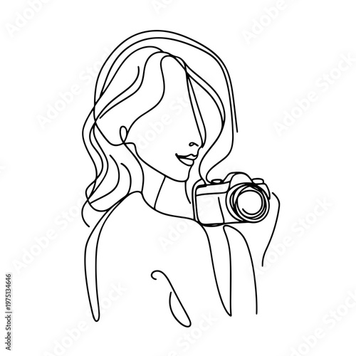 Minimal continuous line illustration of a woman holding a camera. Creative photography concept in elegant one line art style for artistic, hobby, and profession themed design