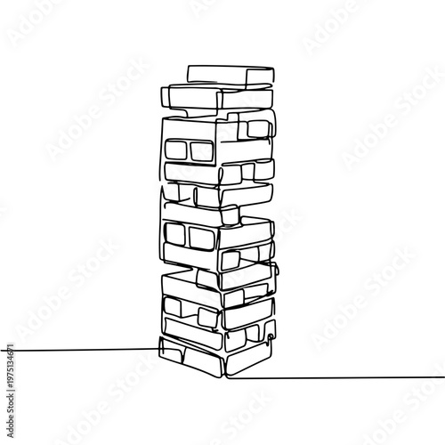 Continuous line drawing of Jenga tower in minimal outline style. Symbol of balance, strategy, risk, and concentration for conceptual graphic design