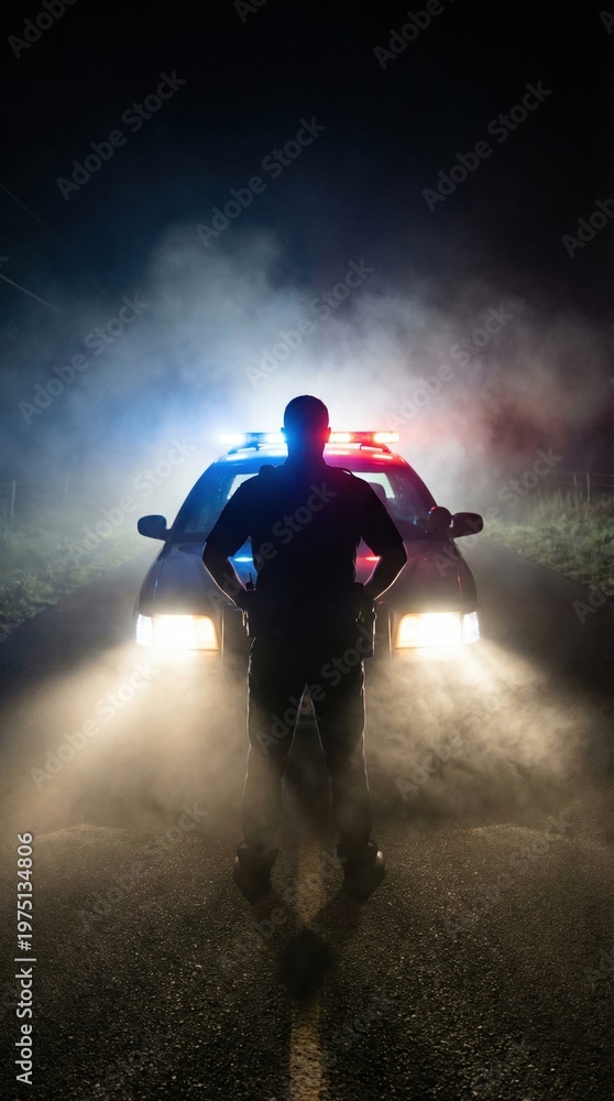 Naklejka premium Silhouette of a police officer standing before a patrol car with flashing lights. Dark smoky atmosphere at a night emergency scene suggests authority. Ideal for law enforcement or safety news.