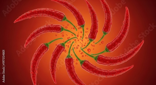 Red chili peppers arranged in a fiery spiral pattern with spice particles on a vibrant red-orange background.