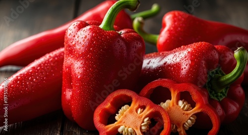 Fresh red bell peppers with water droplets, some whole and one cut in half, displayed on a rustic wooden surface.