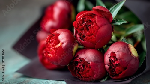 A bouquet of vibrant red peonies in elegant black wrapping.