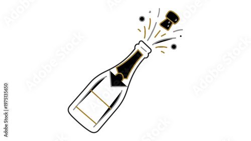 Champagne bottle popping cork vector illustration with gold and black accents. Minimalist flat icon for celebrations, parties, New Year's Eve, weddings, and special events. Scalable AI-generated