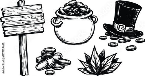 Black and white line art pot of gold leprechaun hat coins wooden sign for st patricks