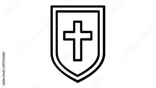 Christian Cross on Shield Vector Icon Illustration: Minimalist Line Art Design for Religious Protection, Faith, and Heraldic Symbolism, Scalable Flat Graphic for Church and Spiritual Projects.