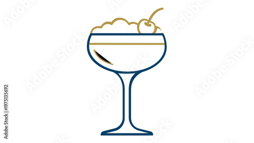 Elegant minimalist vector icon of a cocktail coupe glass with foam and cherry garnish, flat line art illustration for celebration party invitations, bar menus, and drink branding designs.