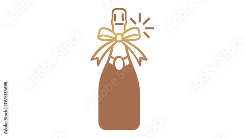 Elegant golden champagne bottle vector icon with a decorative bow and sparkling accents. Minimalist flat line art illustration for luxury celebrations, weddings, anniversaries, and parties.