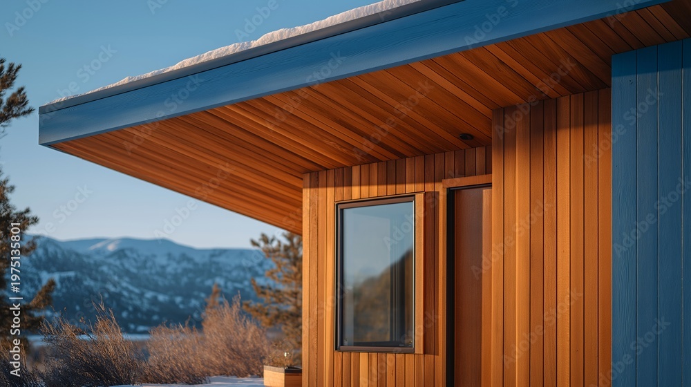 Fototapeta premium Fresh cedar siding on a passive house in winter, a thermal imaging camera display held up showing uniform blue heat signature with no red leakage, snow barely melting on the flat green roof above,