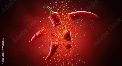 Red chili peppers exploding into fiery spice particles on a vibrant red background, capturing intense heat and flavor.