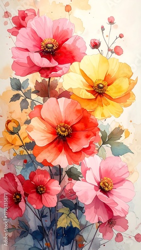 A vibrant watercolor painting depicts a bouquet of bright blooms in shades of pink, red, and yellow, with lush green foliage