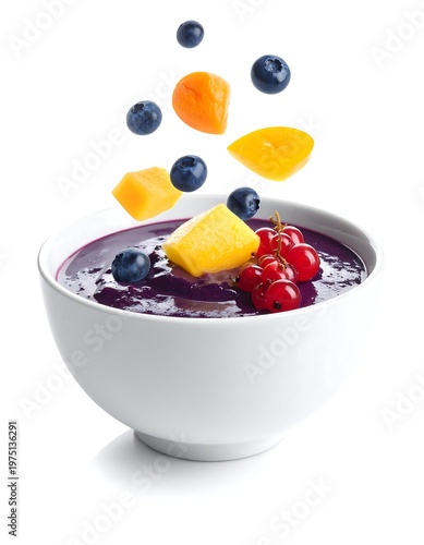 A white bowl filled with a purple smoothie, accented by falling fresh berries and mango cubes