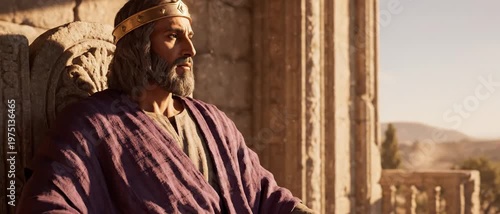 Bearded biblical king seated on an ornate stone throne overlooking an arid ancient landscape, cloaked in purple robes and a golden crown, evoking Old Testament royalty and wisdom.
