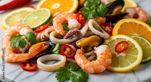 A colorful close-up of a fresh seafood platter with shrimp, squid, mussels, and citrus slices.