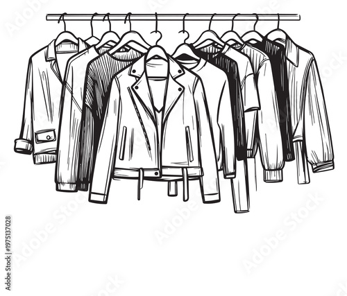 Hand drawn wardrobe sketch. Woman clothes on the hanger, jacket and coat