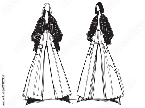 Cartoon Abstract fashion models. Sketch. Woman in pants