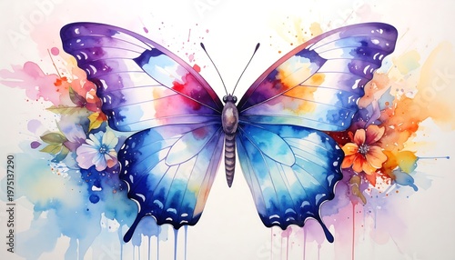 A vibrant watercolor painting depicts a large butterfly with detailed wings, surrounded by colorful abstract floral designs