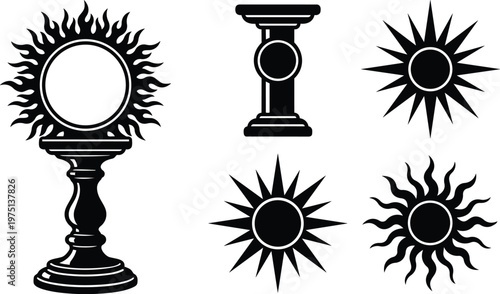 Black and white vector sun emblems with ornate pedestal and four sunburst variations