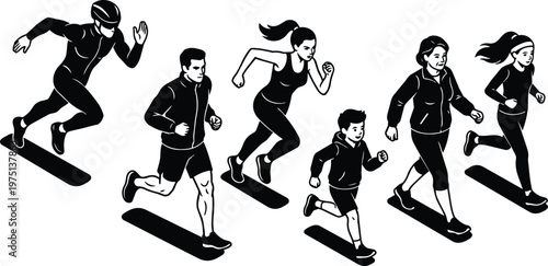 Black and white vector group of runners and joggers with strong shadows
