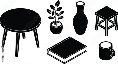 Black and white vector art round table with book mug potted plant vase and two stools