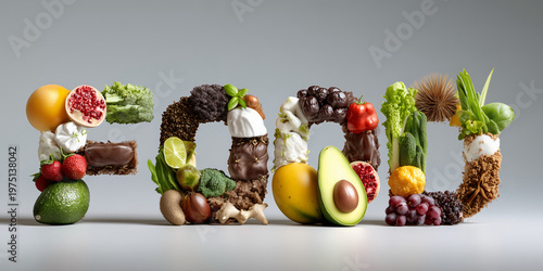 A creative arrangement of various fresh ingredients spelling out the word FOOD. This artistic composition highlights the diversity and abundance of healthy eating.