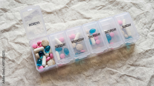 Cuadro en lienzo A clear plastic pill box with colorful pills and capsules on a beige fabric back