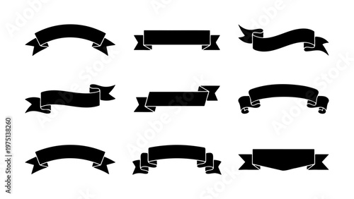 Vintage black ribbon banners set, 9 decorative scroll vector elements, classic heraldic flag silhouettes for labels and titles on white background