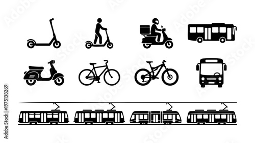 Public transport icons set with bus, tram, and bicycle symbols. Urban mobility vector collection featuring electric scooter, moped, and delivery motorbike silhouettes.