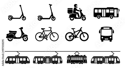 Urban transport icons set, black silhouette city vehicle symbols, collection of 12 vector elements including bus, bicycle, scooter and tram icons
