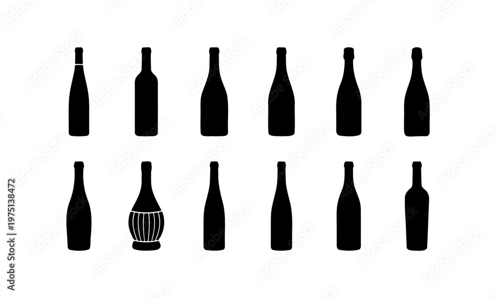 Fototapeta premium Minimalist wine bottle silhouettes, set of 12 black glass bottle icons, various alcohol container shapes for winery branding and menu design