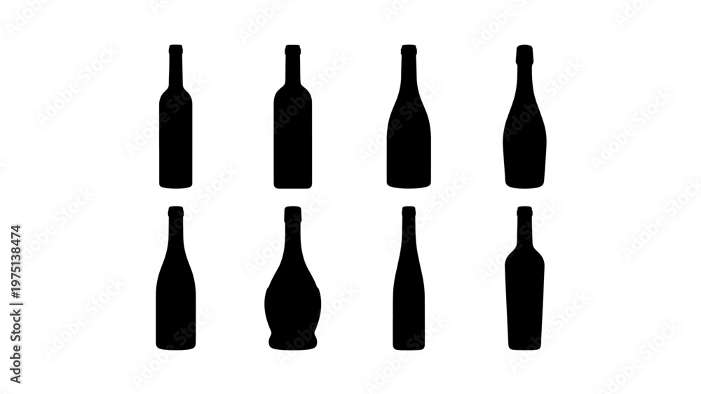 Obraz premium Minimalist wine bottle silhouettes, set of 8 black alcohol bottle icons, flat vector glass container shapes for bar menus and winery branding