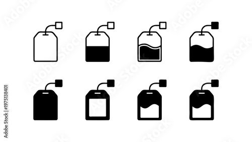 Minimalist tea bag icon set, 8 black and white tea bag vector elements, linear and solid infusion symbols for cafe menus and beverage packaging