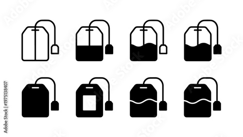 Minimalist tea bag icon set, black and white beverage brewing symbols, 8 vector elements for cafe menus and packaging design