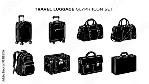 Travel luggage glyph icon set, black suitcase and baggage collection, 8 vector elements for tourism and business trip branding