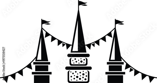 Black and white fairground towers with triangular bunting and flags vector art