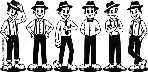 Retro black and white cartoon man characters wearing hats suspenders and ties in row