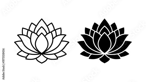 Minimalist lotus flower vector icons, black and white floral lily silhouettes, zen yoga meditation symbols for branding and wellness design
