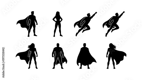 Superhero silhouette collection, 8 black hero character icons with capes, flying and standing heroic poses, comic book vector set