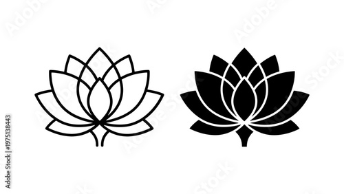 Minimalist lotus flower vector icons, black line art and solid silhouette lily symbols, zen yoga and wellness branding elements
