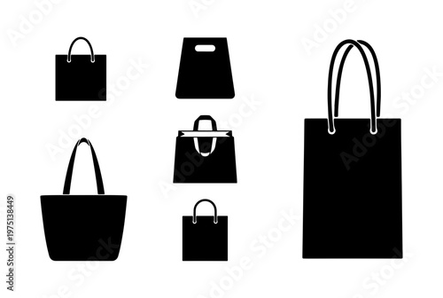 Black shopping bag icons set, minimalist paper bag silhouettes, 6 retail packaging vector elements for ecommerce and fashion branding