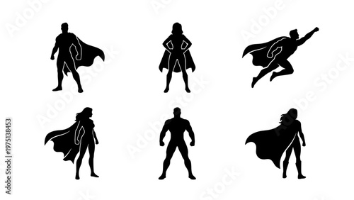 Superhero silhouette collection, 6 male and female hero vector icons, powerful comic book characters with capes, heroic action poses for graphic design