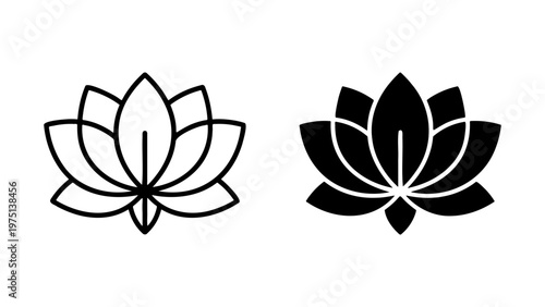 Minimalist lotus flower icons, black outline and solid silhouette lily symbols, zen yoga and wellness vector elements for branding