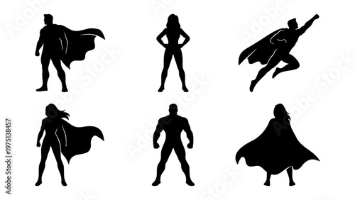 Superhero silhouette collection with 6 male and female characters, heroic caped crusader vector set, brave comic book hero icons in action poses