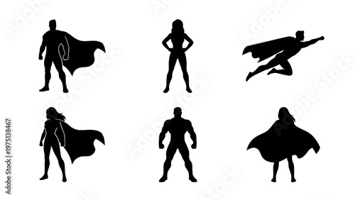 Superhero silhouettes collection, set of 6 heroic character icons with capes, black vector male and female hero figures for comic book design