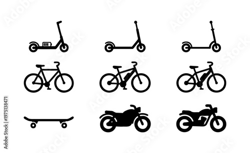 Minimalist electric vehicle icons, set of 9 black transport silhouettes, modern e-bike and scooter vector symbols for urban mobility apps