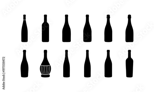 Minimalist wine bottle silhouettes, set of 12 black glass bottle icons, various alcohol container shapes for winery branding and menu design