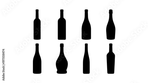 Minimalist wine bottle silhouettes, set of 8 black alcohol bottle icons, flat vector glass container shapes for bar menus and winery branding